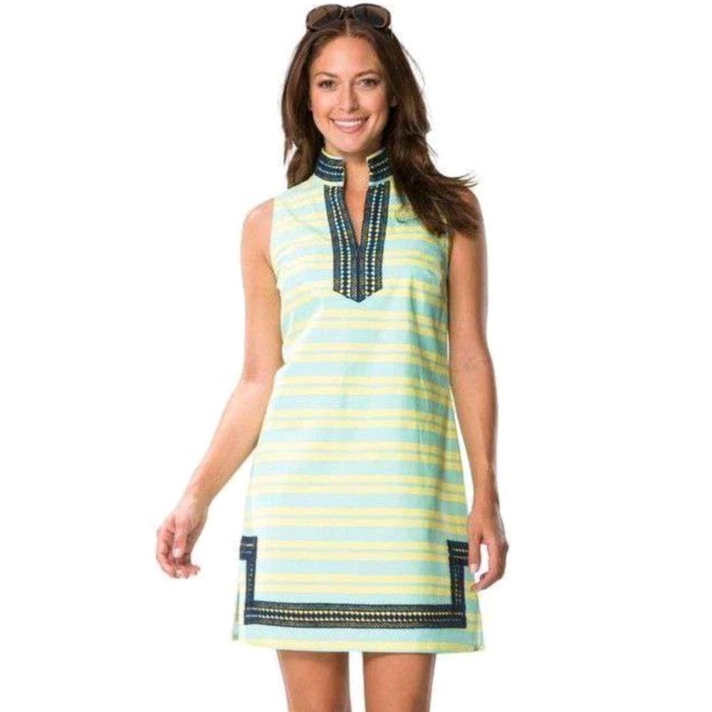 Sail To Sable Blue Yellow Stripe Shift Dress Sleeveless Lace Trim V Neck Sz XS